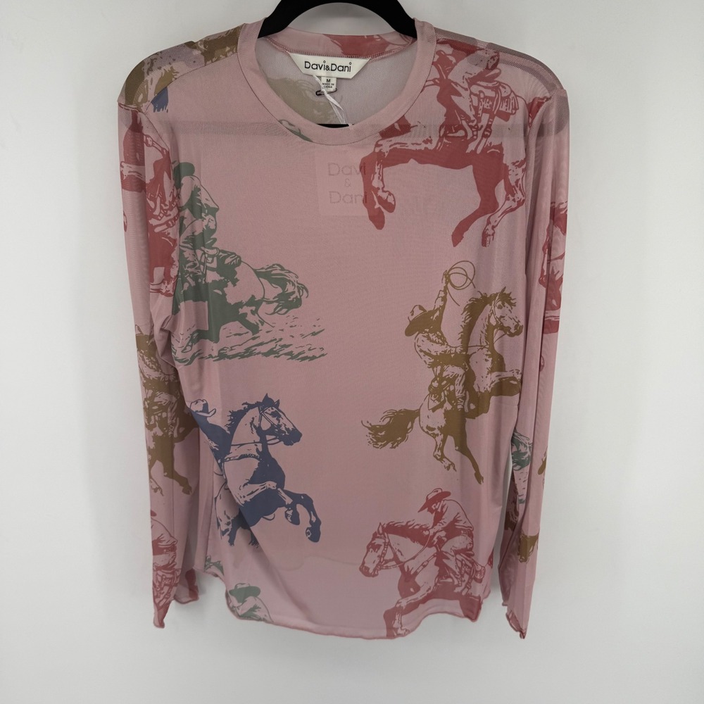 Davi & Dani Mesh Top Womens Medium Pink Polyester Western Horse Cowboy Boho Y2K
